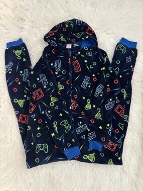 Cat & Jack Navy Fleece Hooded Onesie with Neon Game Icons - Size 16